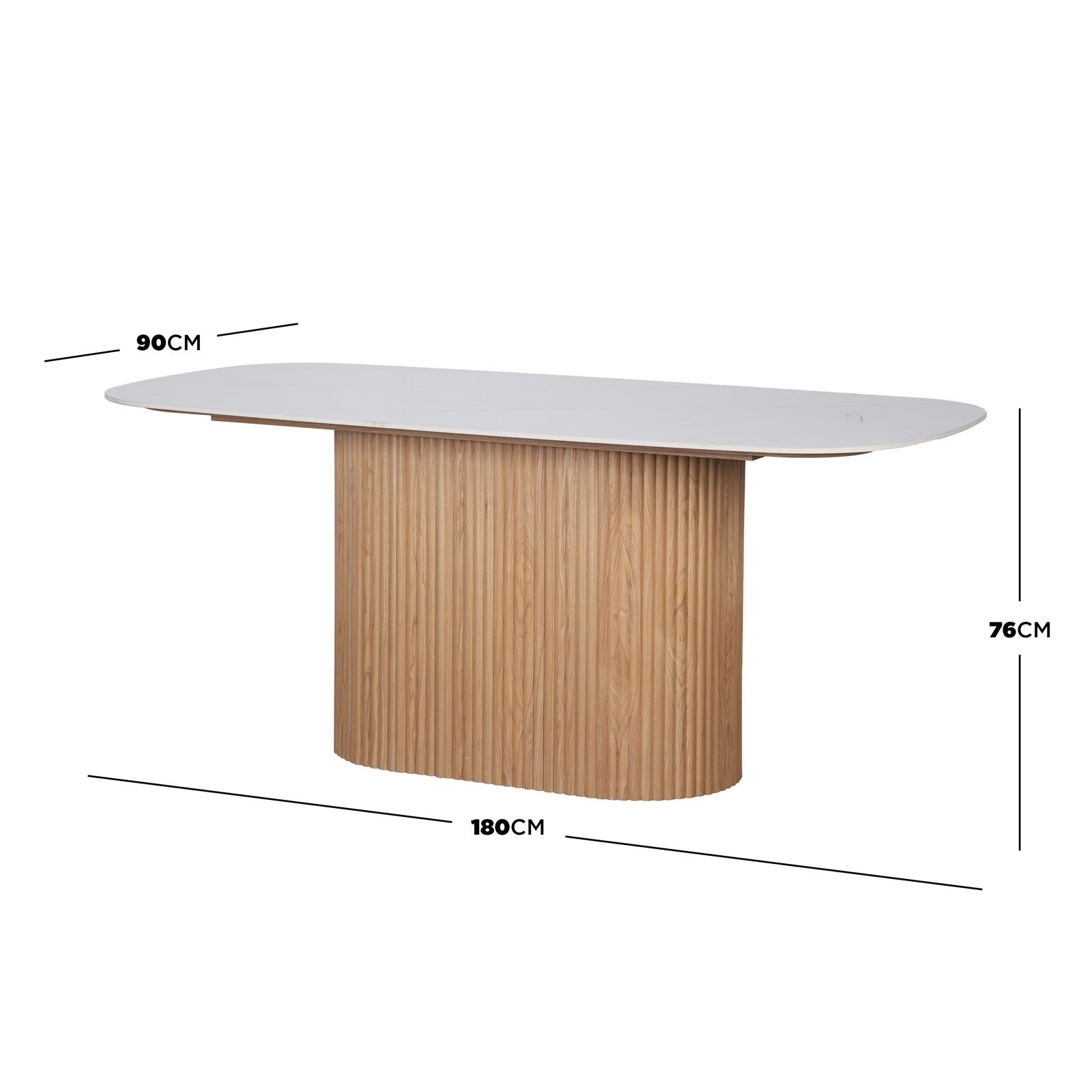 Aeris 180cm Marble Look Dining Table With Wood Base in Oak features a white, rounded-oval sintered stone tabletop on a fluted wooden pedestal, measuring 180cm long, 90cm wide, and 76cm high.