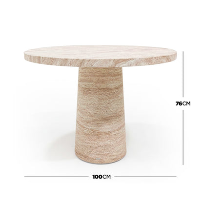 Round stone table with dimensions labeled