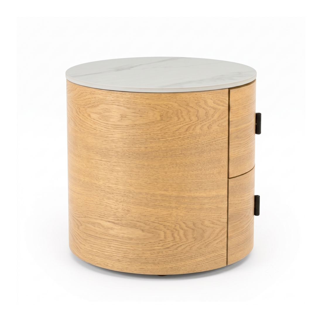 Round light wood nightstand with white stone top on a white background