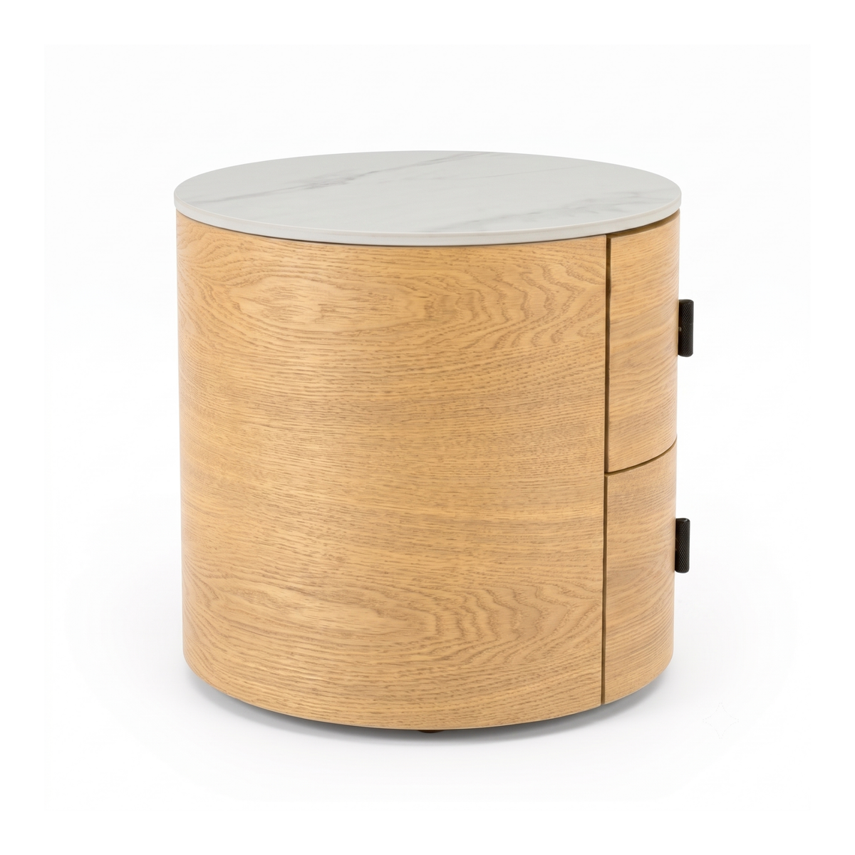 Round light wood nightstand with white stone top on a white background