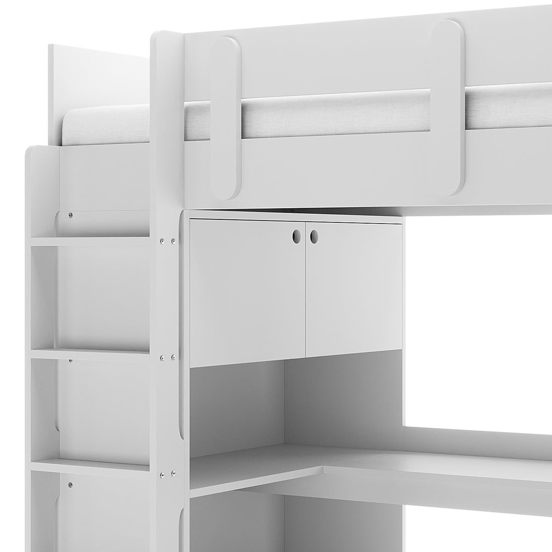 Hann Kids Single Loft Bed Desk Storage in White: Modern loft bed with vertical guard rails, integrated ladder with shelves, L-shaped desk, and overhead cupboards, all in a minimalist style.
