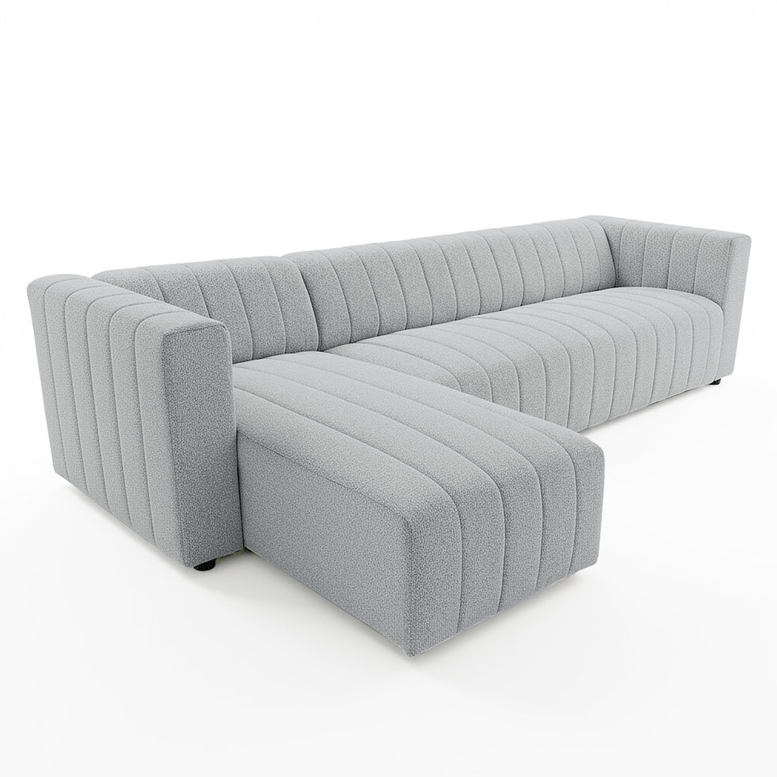 Parisa 4 Seater Tufted Boucle Sofa with Chaise in Light Grey, featuring a modern L-shape, low profile, squared arms, vertical channel tufting, and plush bouclé upholstery for a cozy, inviting look.