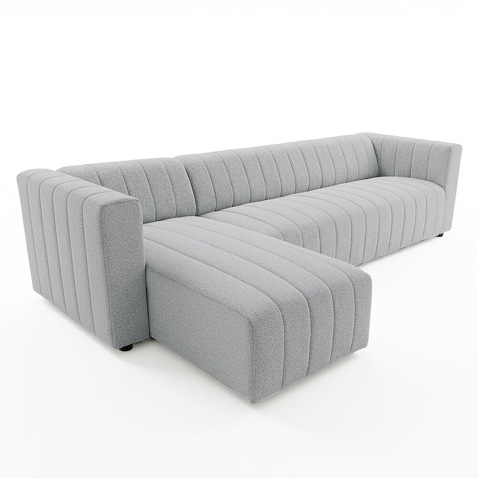 Parisa 4 Seater Tufted Boucle Sofa with Chaise in Light Grey, featuring a modern L-shape, low profile, squared arms, vertical channel tufting, and plush bouclé upholstery for a cozy, inviting look.