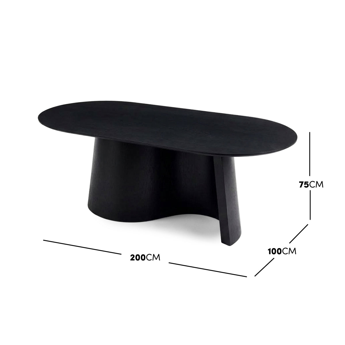 Full black oval dining table on white background with dimensions marked 200 cm by 100 cm by 75 cm