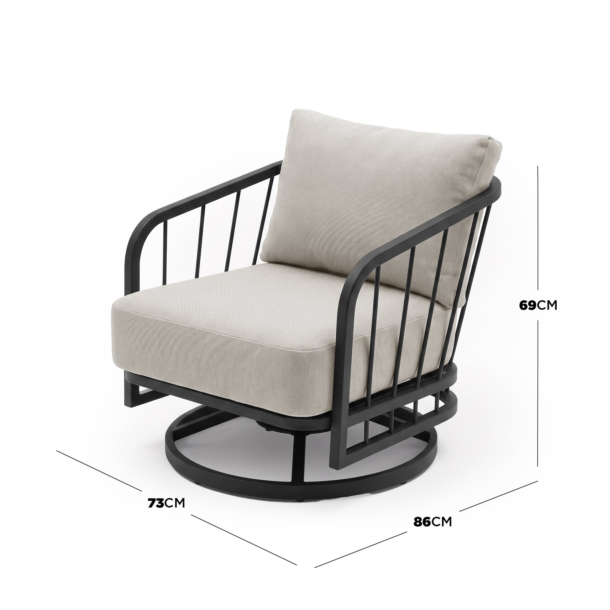 Modern lounge chair on white background with dimension measurements shown