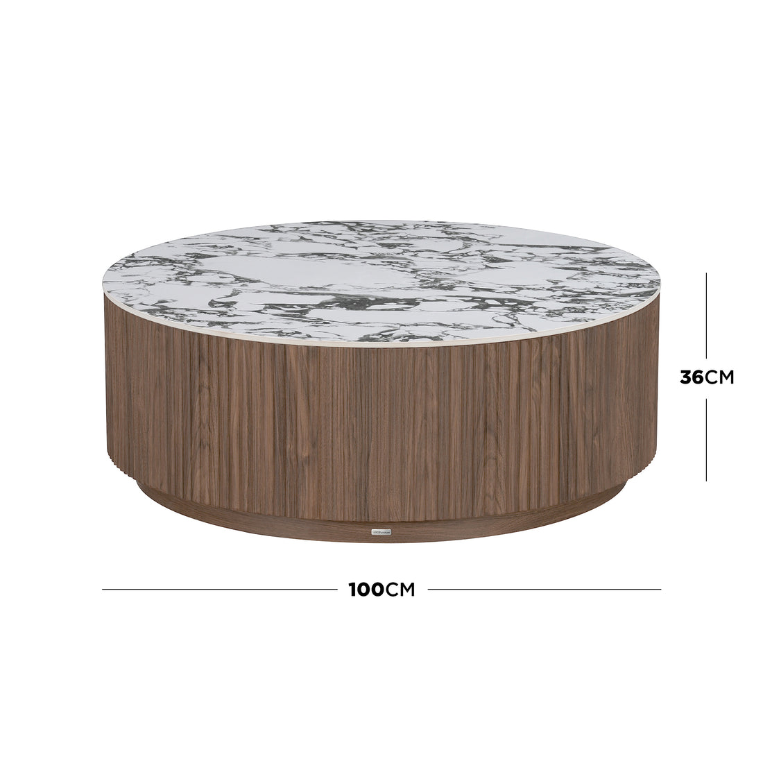 Round coffee table on white background with dimension lines showing 100CM width and 36CM height