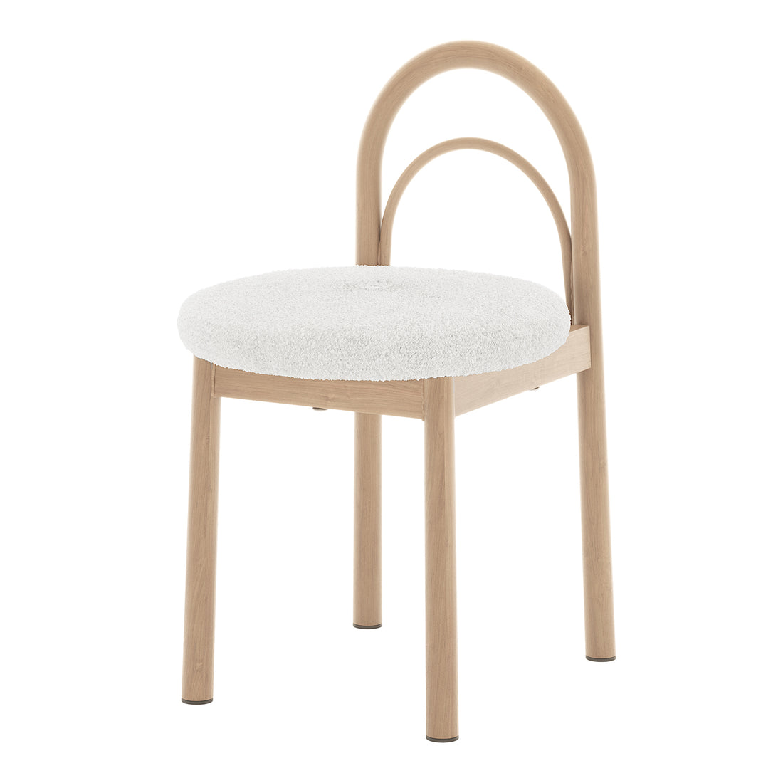 Modern chair with a round upholstered seat and arched wooden backrest on a white background