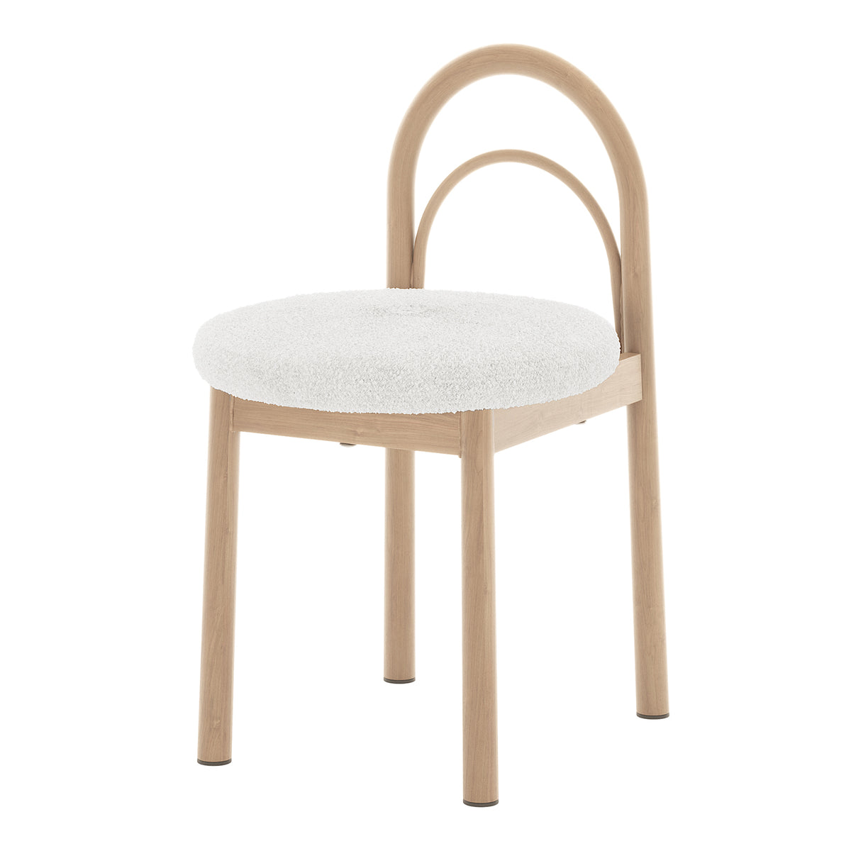 Modern chair with a round upholstered seat and arched wooden backrest on a white background