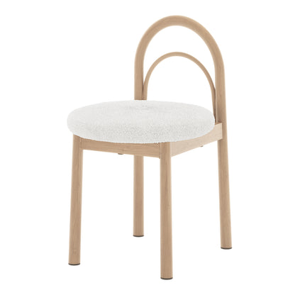 Modern chair with a round upholstered seat and arched wooden backrest on a white background