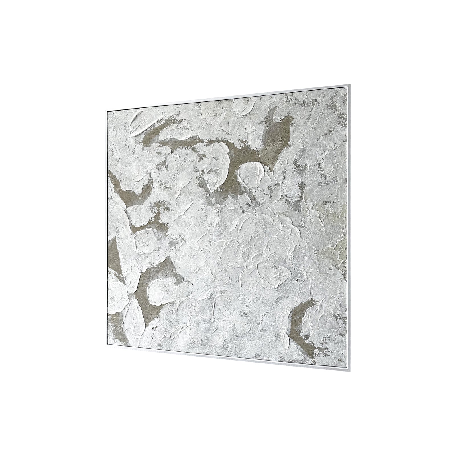 Luma Framed Canvas Wall Art 105 x 105cm in White features a textured, abstract design with thick white impasto swirls on a taupe-gray background, framed in minimalist white for a modern touch.