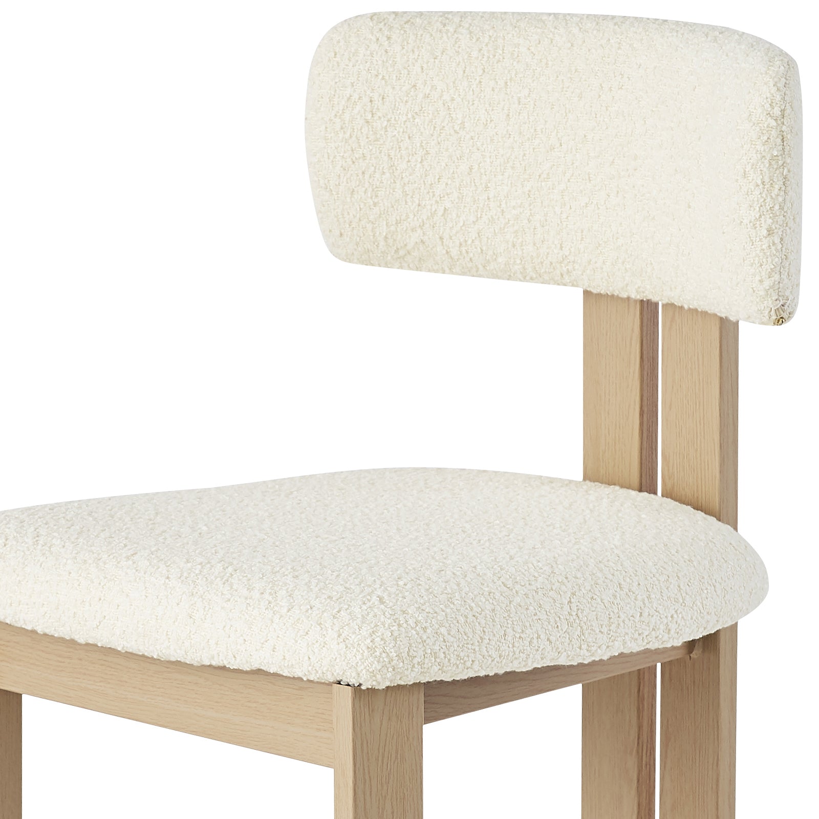 Haleo Curved Boucle Dining Chair Set of 2 in Cream White features a light-wood frame, softly upholstered, textured boucle-style fabric, a low backrest, and sturdy metal legs for modern elegance and comfort.