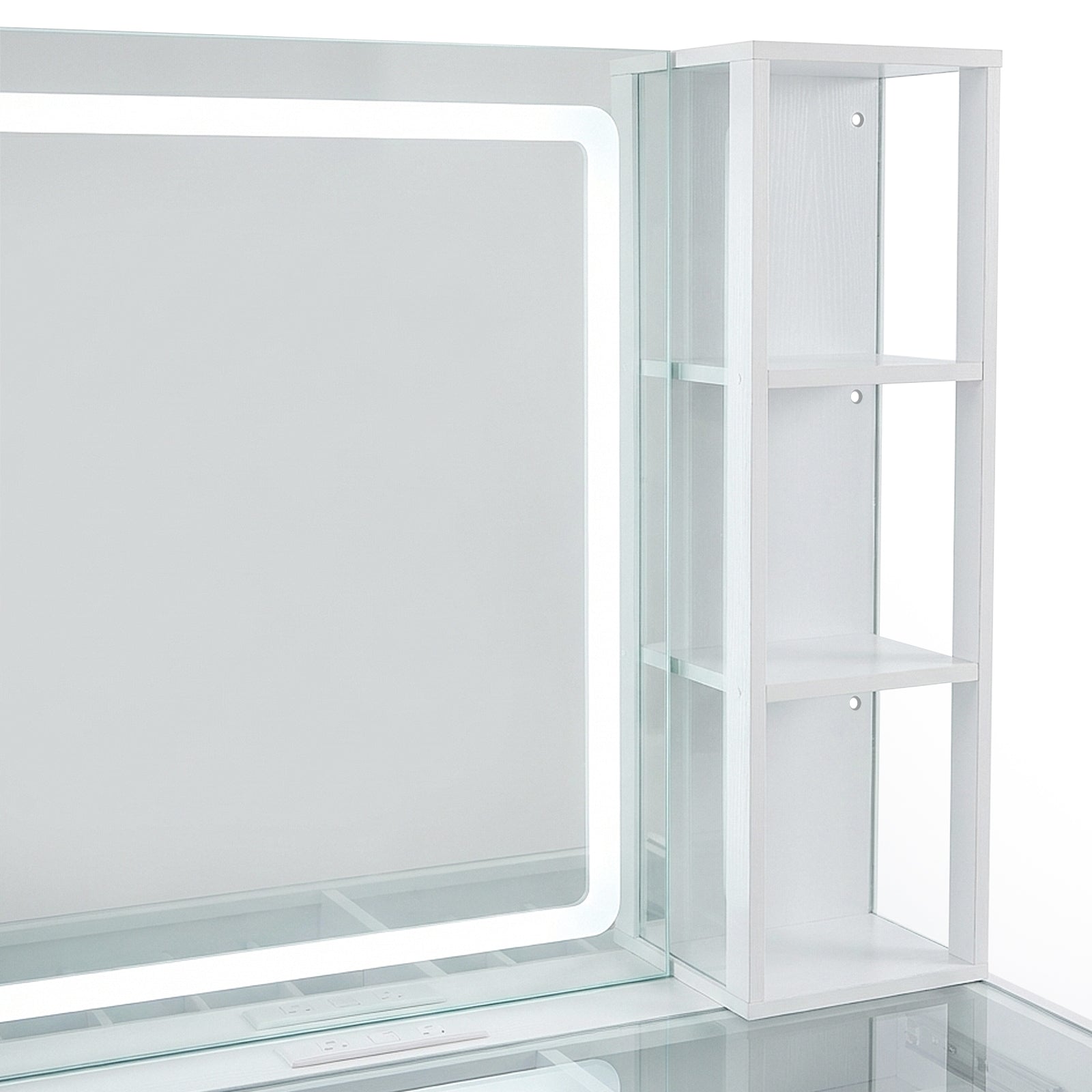 Close-up of vanity mirror with LED lighting and side shelves on white background