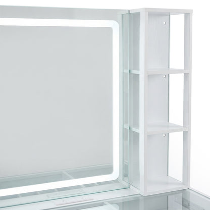Close-up of vanity mirror with LED lighting and side shelves on white background