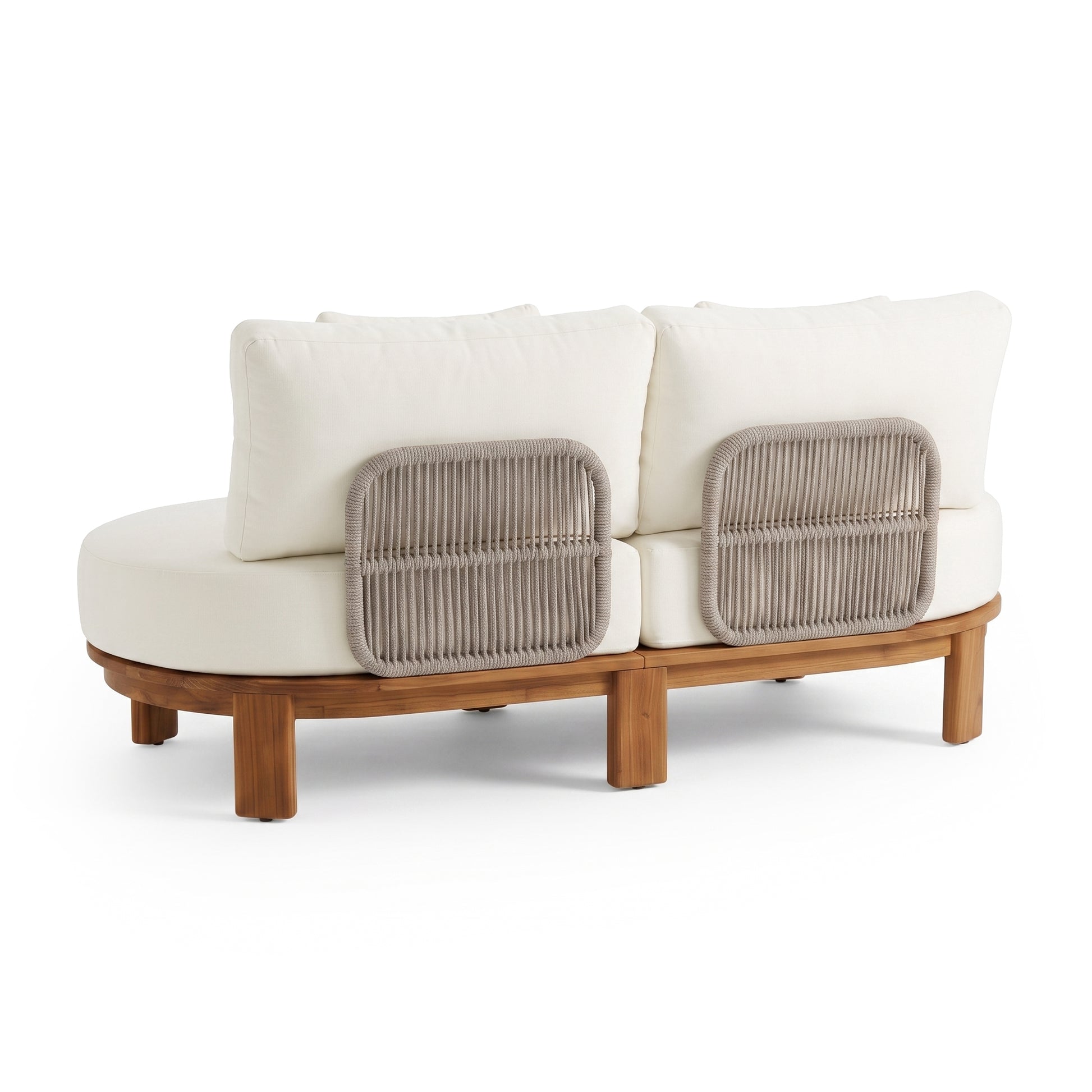 Back view of a two-seat sofa with wooden base, cushions, and woven decorative panels on a white background.