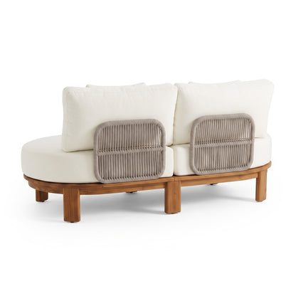 Back view of a two-seat sofa with wooden base, cushions, and woven decorative panels on a white background.