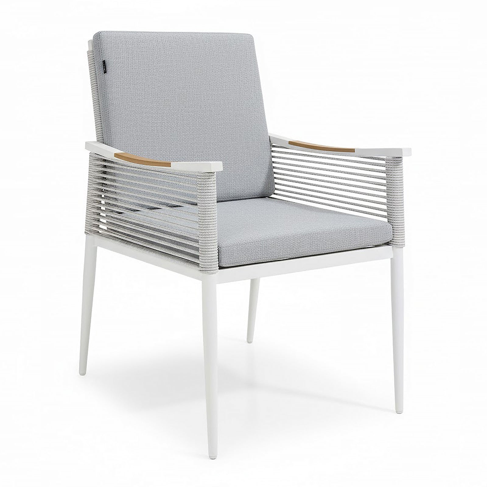 Casara 7 Piece Outdoor Dining Set in White & Grey featuring a modern armchair with a white metal frame, light gray cushions, rope-wrapped sides, and wooden armrest accents. Perfect for stylish, comfortable outdoor dining.