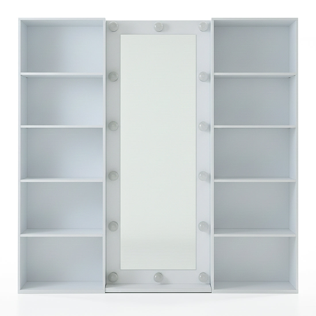 Hollywood-style vanity mirror with side shelves on white background