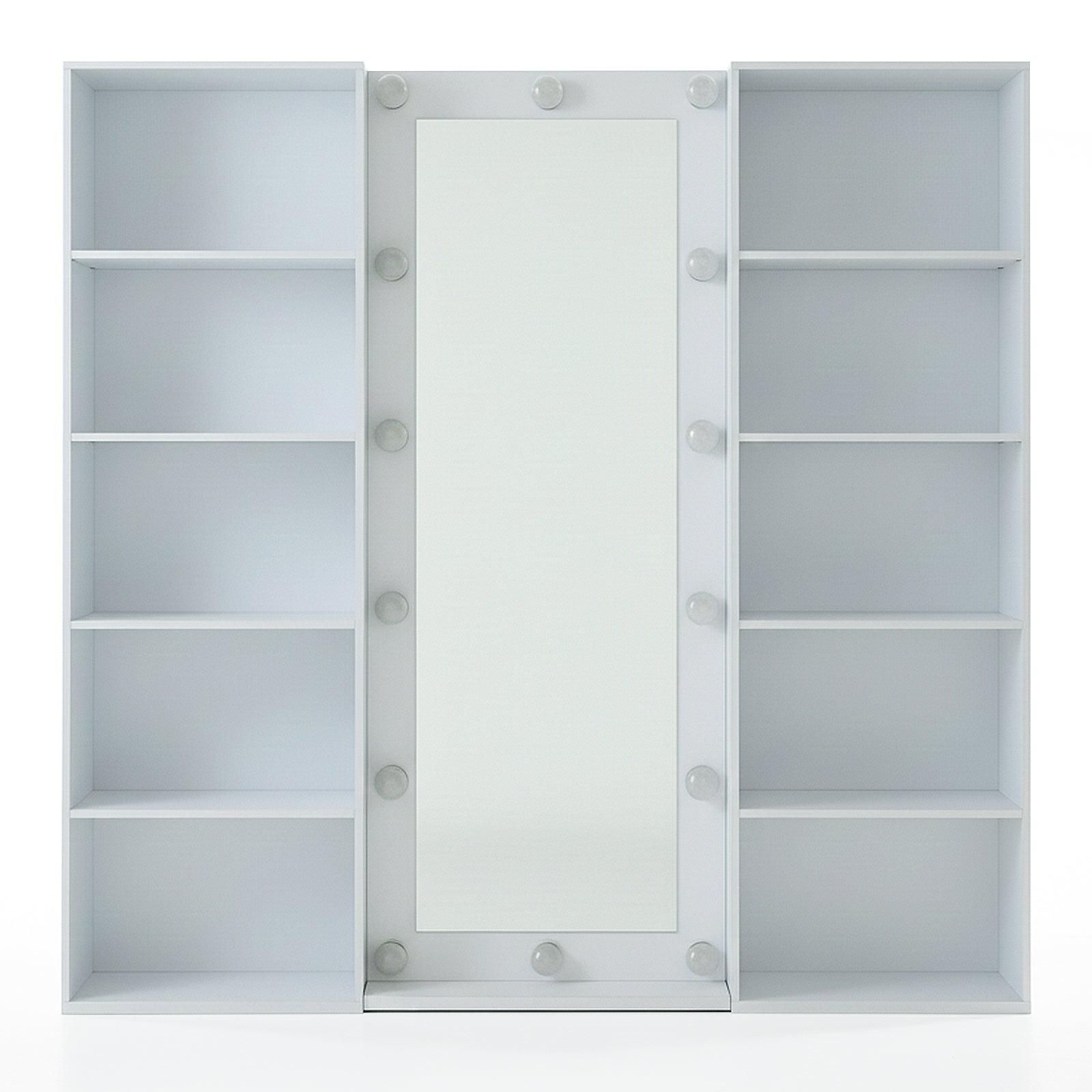 Hollywood-style vanity mirror with side shelves on white background