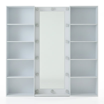 Hollywood-style vanity mirror with side shelves on white background