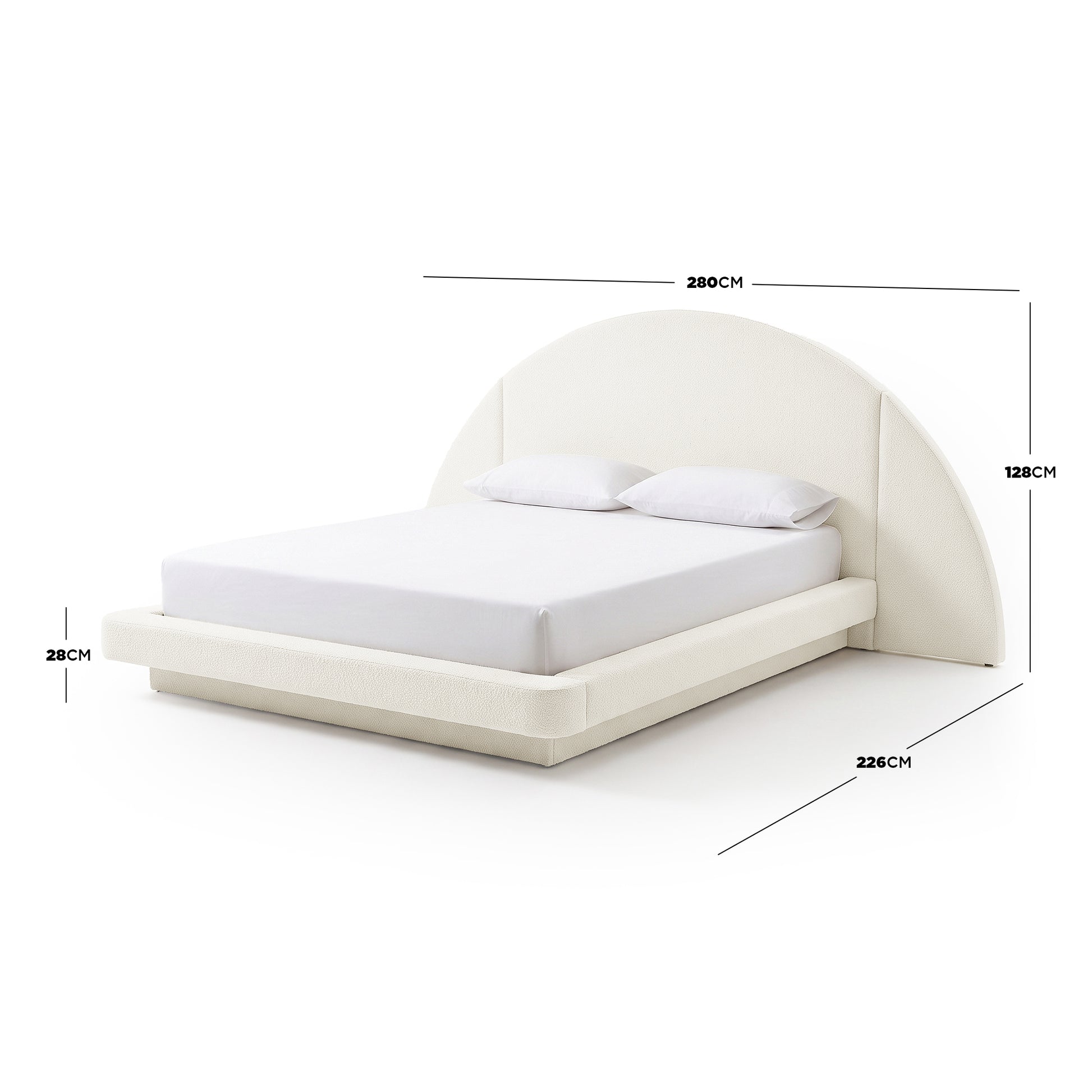 Modern upholstered bed with measurement dimensions shown on a white background
