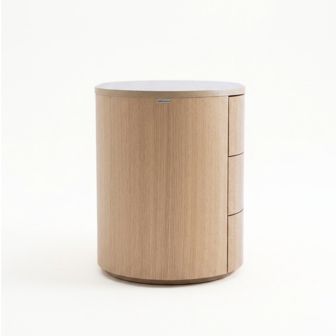 Circular wooden nightstand with three drawers on a white background