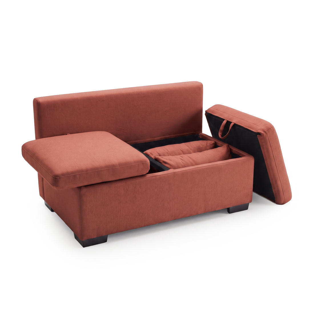 Rust terracotta modular storage sofa section opened to show interior compartments