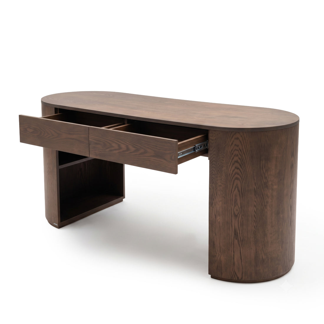 Dark wood desk with partially open drawers and shelving on a white background