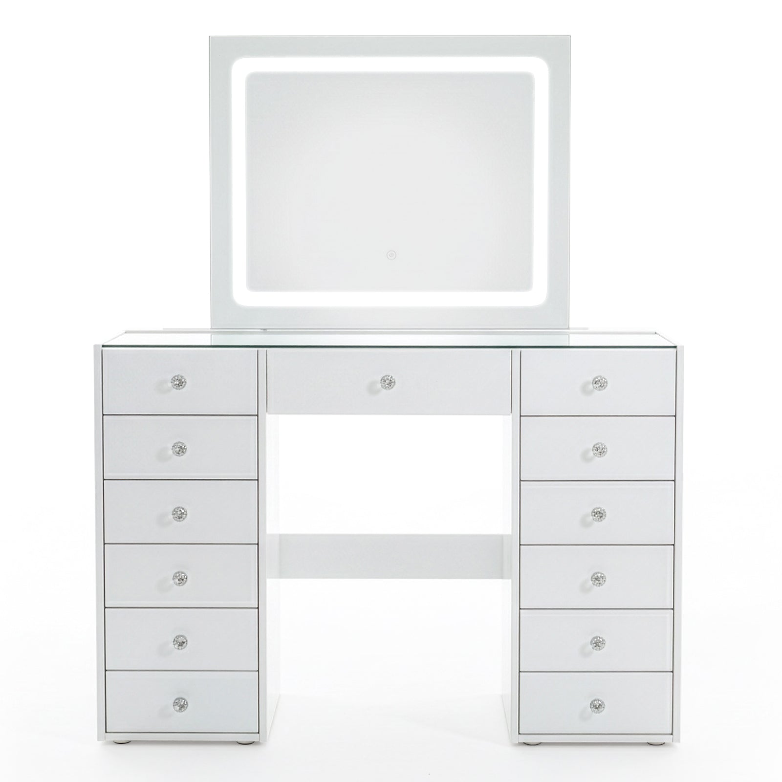 Contemporary white vanity with LED mirror and crystal drawer handles on white background