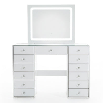 Contemporary white vanity with LED mirror and crystal drawer handles on white background