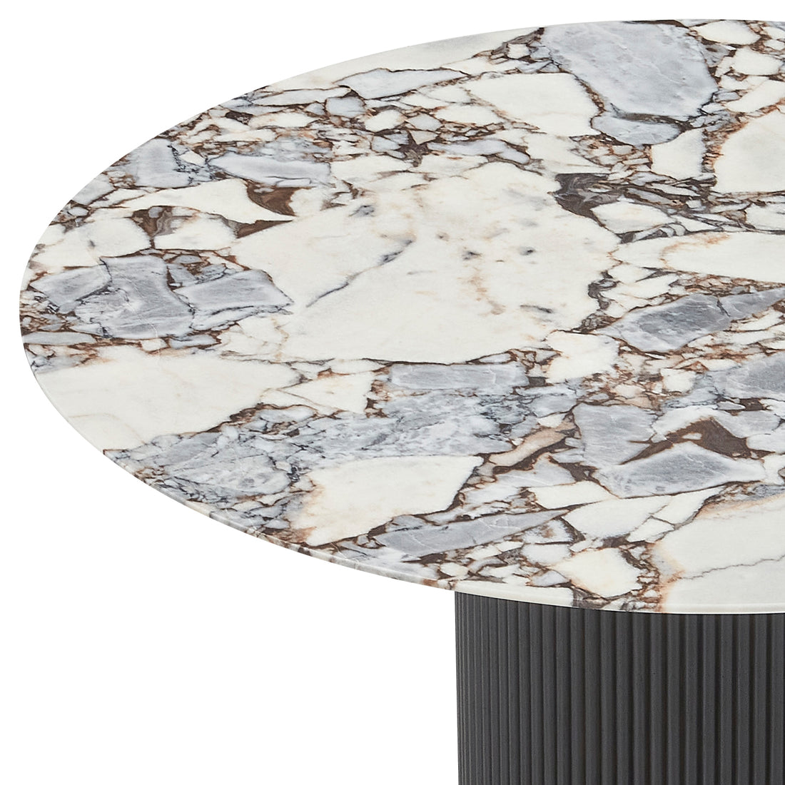 Gracie 120cm Round Marble Dining Table in Black features a white marble tabletop with unique gray and brown veining, set on a vertically ribbed, black cylindrical base, showcasing luxury and elegance.