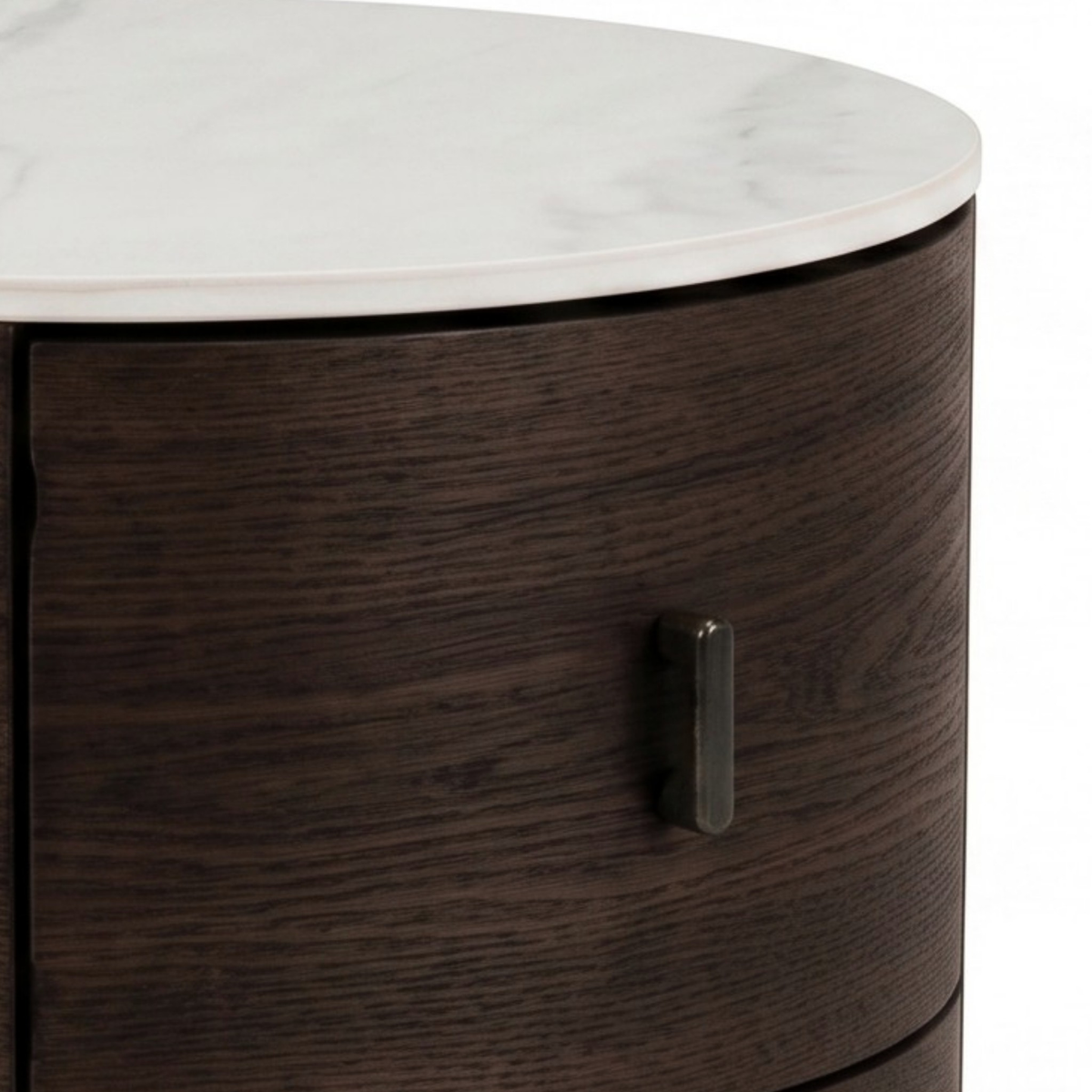 Close-up of the top section of a round side table with marble top and dark wood body.