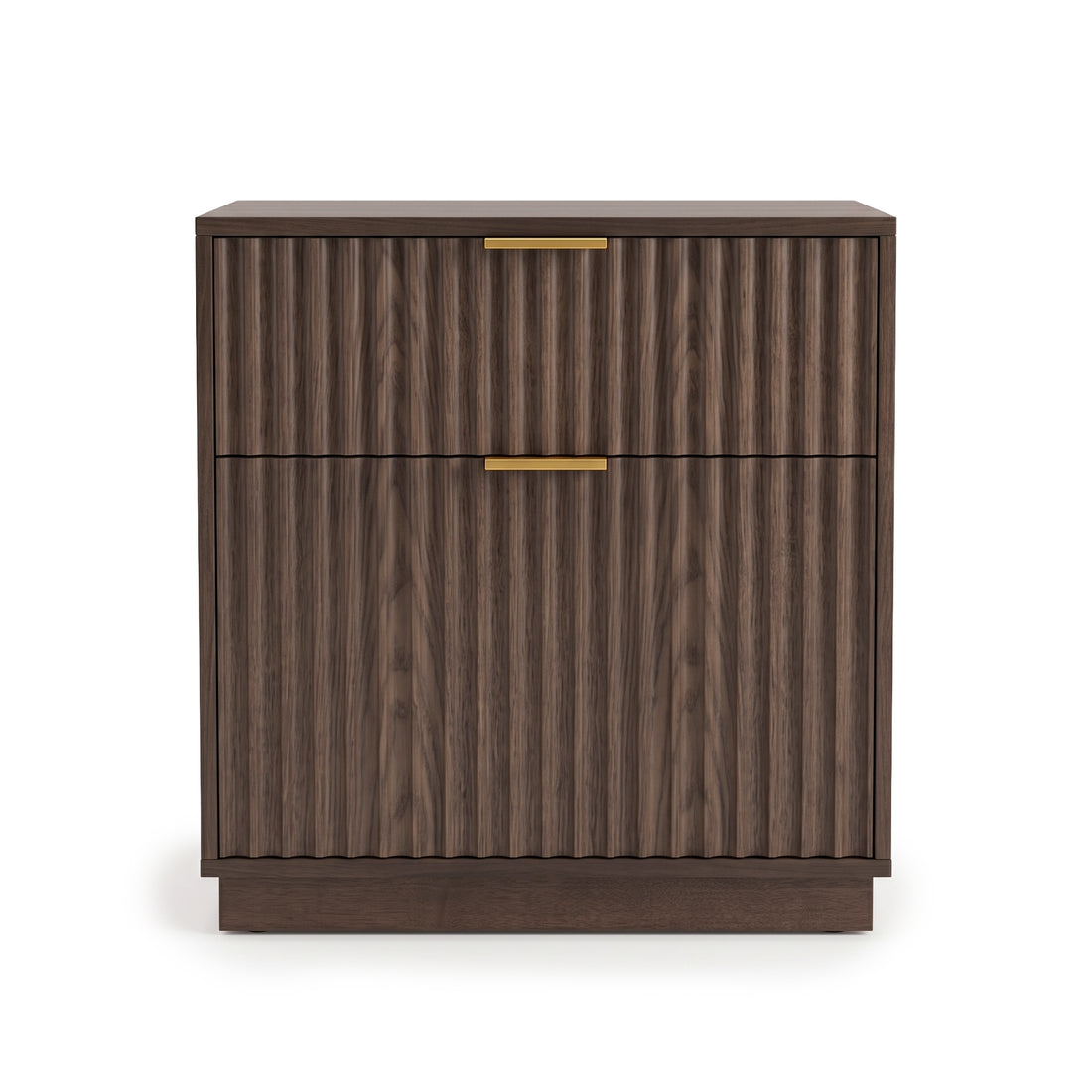Full view of a modern walnut cabinet with grooved front and gold handles on a white background
