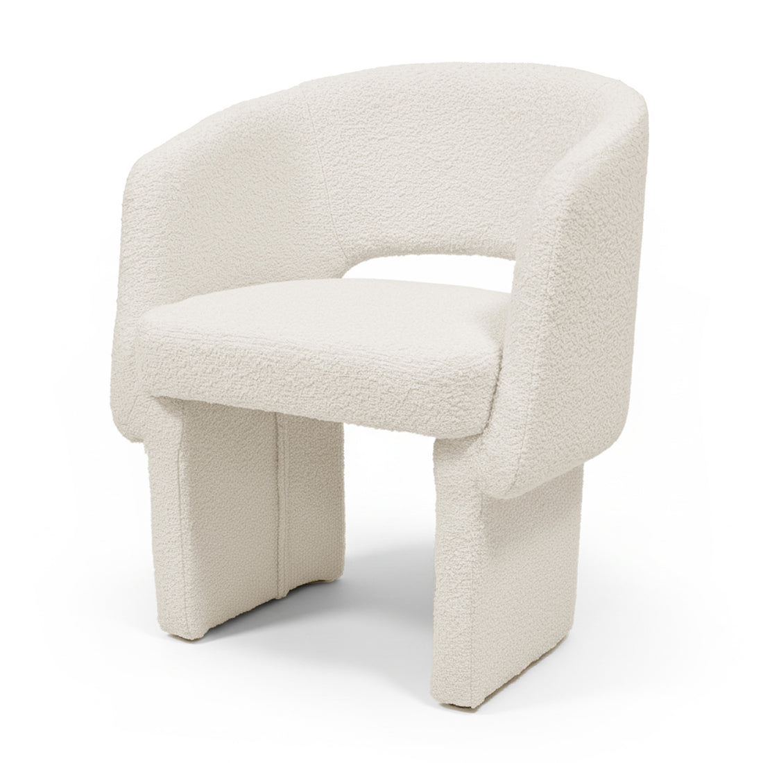 Avela Bouclé Fabric Curved Accent Armchair in Cream White features a modern design with a curved backrest, plush padded seat, and broad block-style front legs, perfect for cozy, stylish spaces.