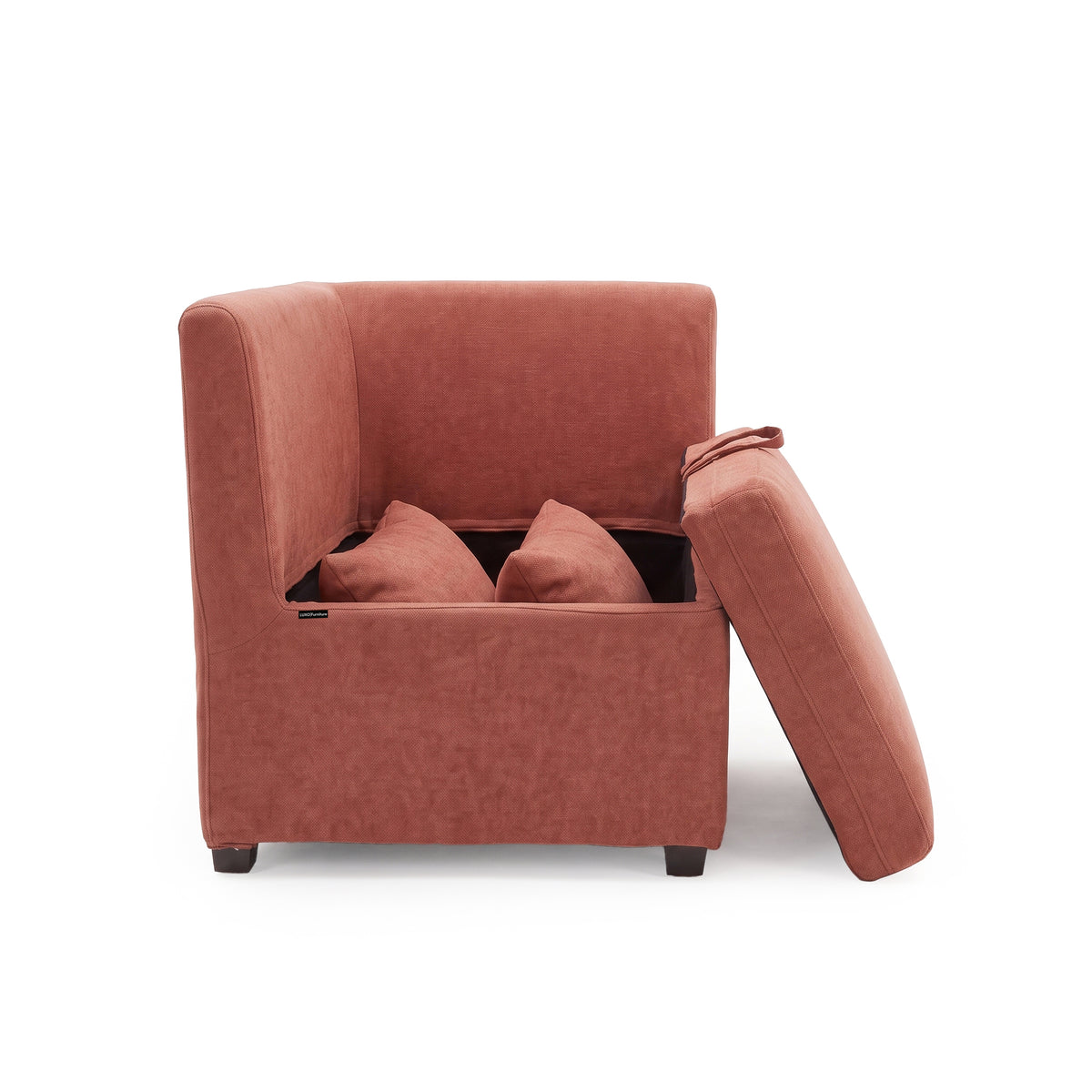 Rust terracotta storage chair with removable lid and cushions