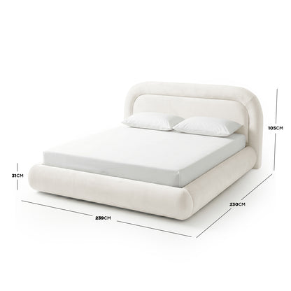 Cream upholstered bed shown with measurements for width, length, overall height, and frame height