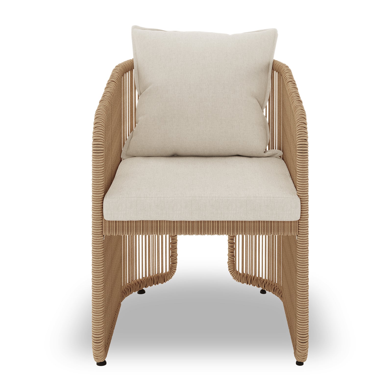 Vellora 4 Seater Wicker Outdoor Dining Set features a rope-wrapped armchair with a modern, rounded silhouette, beige cushions, perfectly suited for indoor or covered-outdoor use, enhancing relaxation and style.