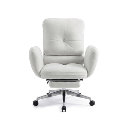 Front view of a light gray upholstered swivel office chair on white background