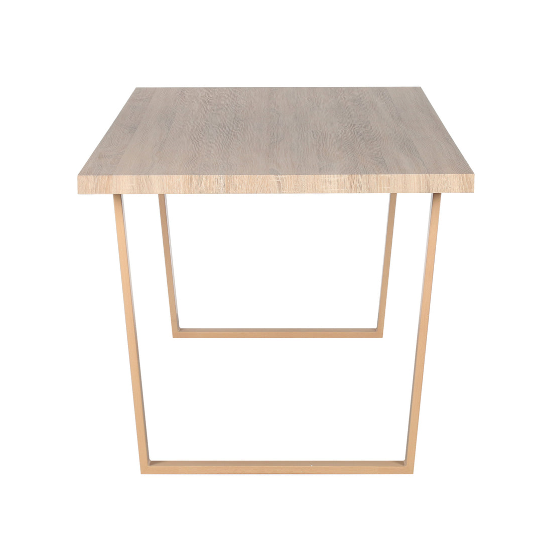 Oregon Dining Table with 8 Florida Chairs Set in Sand features a light oak-toned rectangular tabletop on U-shaped legs, complemented by eight matching chairs, showcasing minimalist elegance against a plain white backdrop.