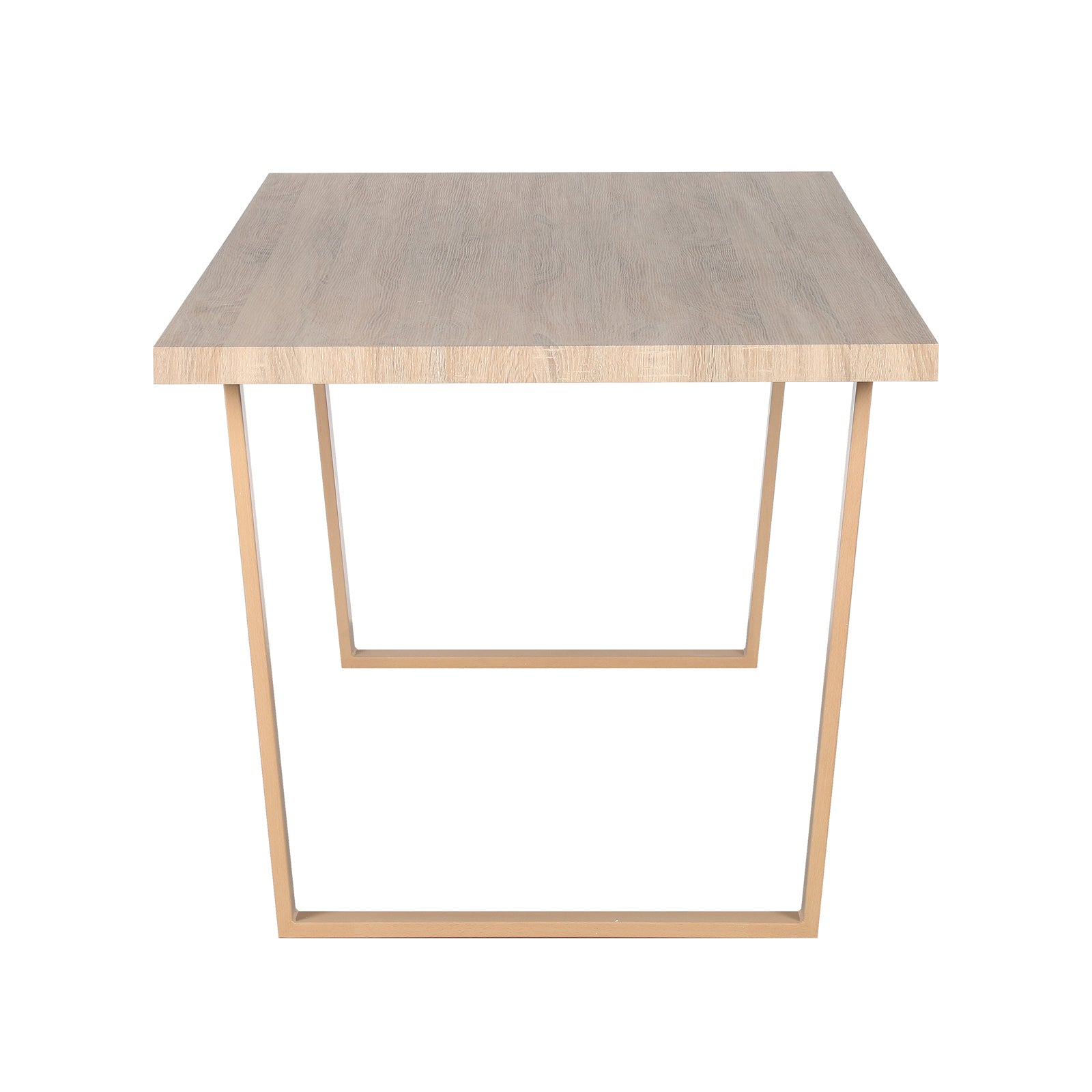 Oregon Dining Table with 8 Florida Chairs Set in Sand features a light oak-toned rectangular tabletop on U-shaped legs, complemented by eight matching chairs, showcasing minimalist elegance against a plain white backdrop.