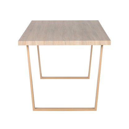 Oregon Dining Table with 8 Florida Chairs Set in Sand features a light oak-toned rectangular tabletop on U-shaped legs, complemented by eight matching chairs, showcasing minimalist elegance against a plain white backdrop.