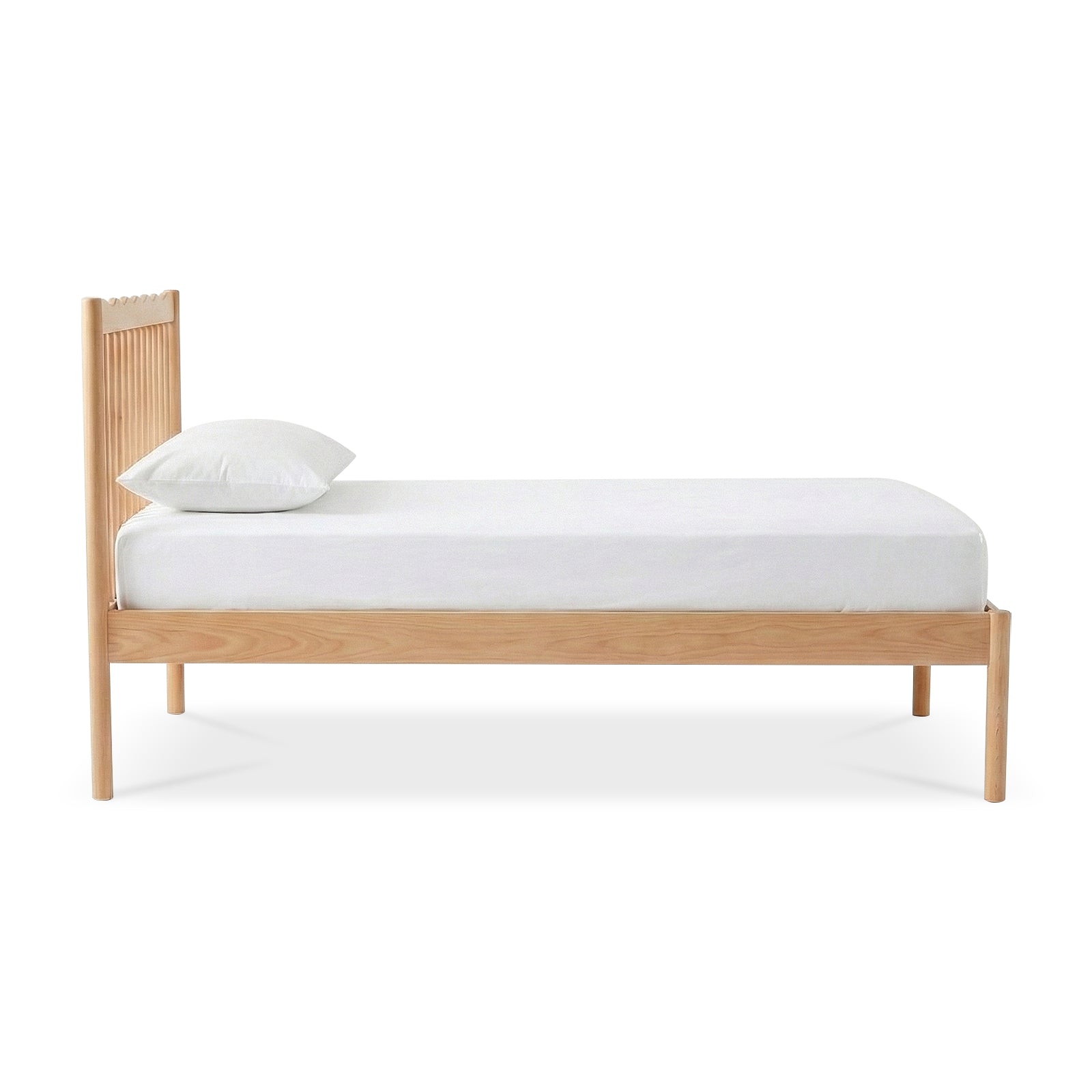 Side view of modern natural wood single bed frame on white background