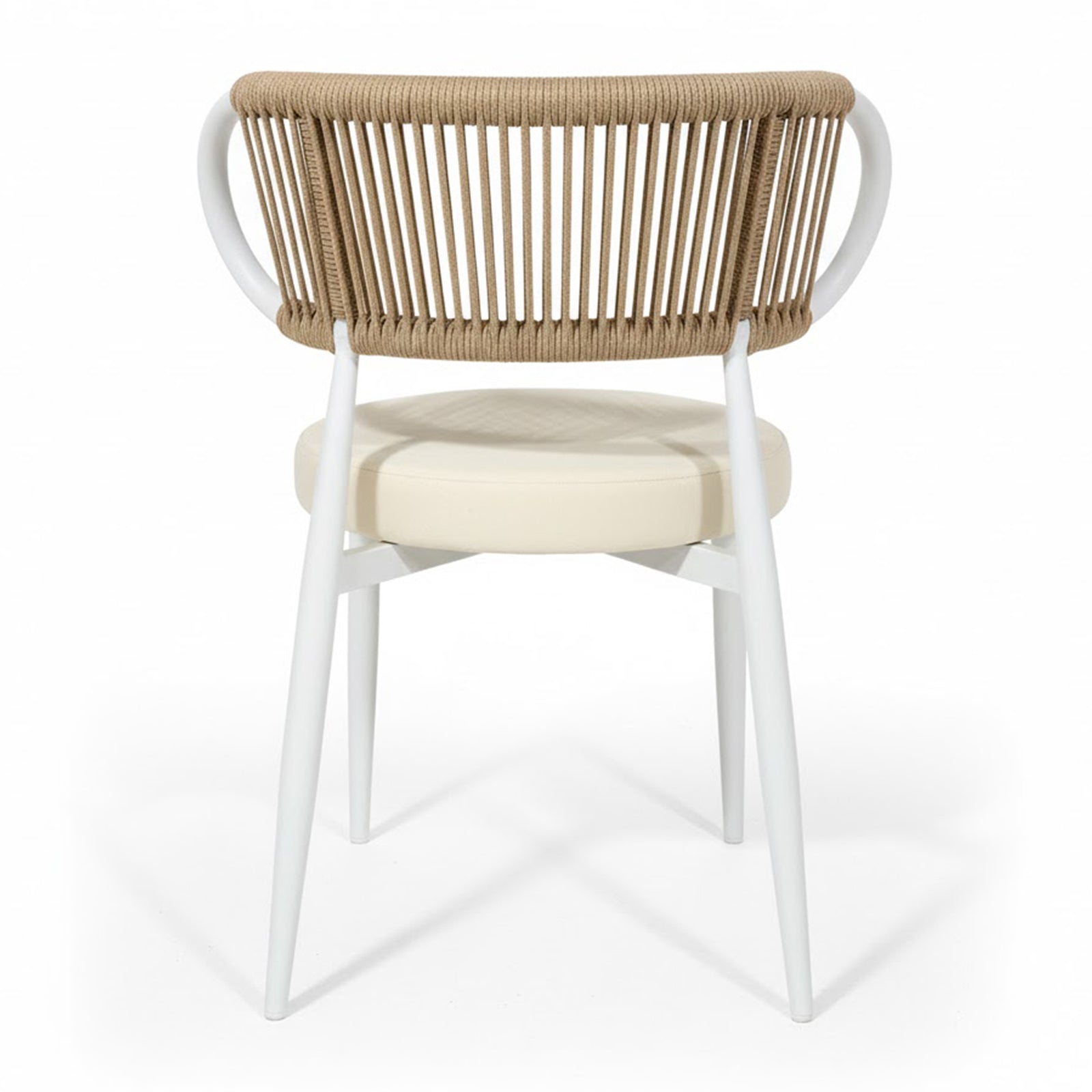 Cabria 9 Piece Sintered Stone Outdoor Dining Set in Beige features a modern chair with a circular seat cushion, rope-wrapped backrest, and white metal frame, epitomizing coastal minimalism and durability.