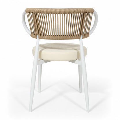 Cabria 9 Piece Sintered Stone Outdoor Dining Set in Beige features a modern chair with a circular seat cushion, rope-wrapped backrest, and white metal frame, epitomizing coastal minimalism and durability.