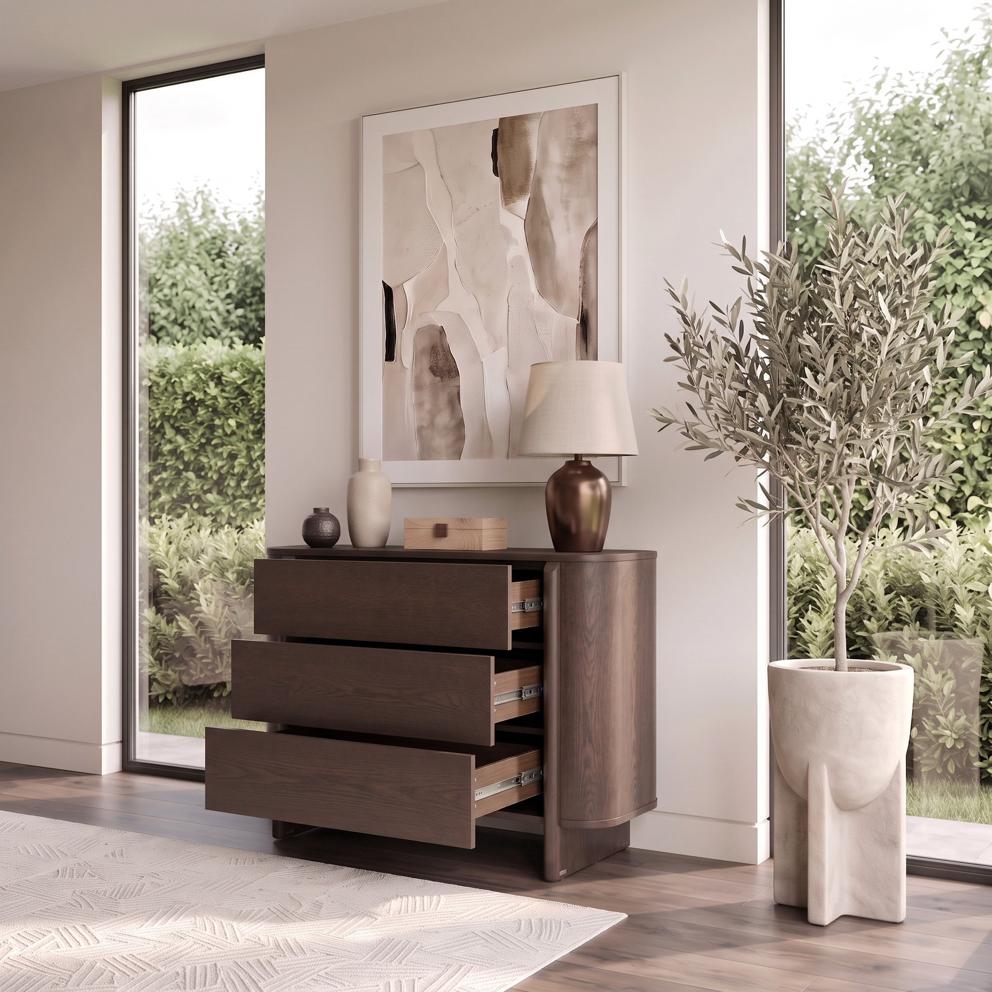 Modern dark wood dresser with open drawers in a bright styled room