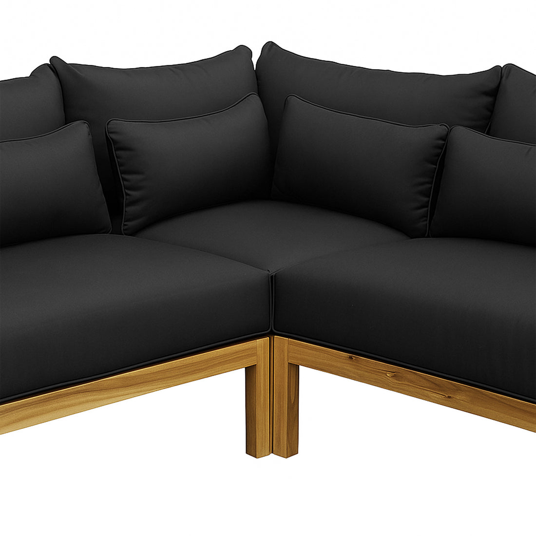 Tavi 5 Seater Solid Timber L Shape Outdoor Sofa with light-stained wooden frame, thick black cushions, arranged in an L-shape, showcasing sturdy acacia timber and woven rope detail for outdoor comfort.