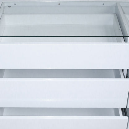 Close-up of three white drawers partially open showing internal construction on white background