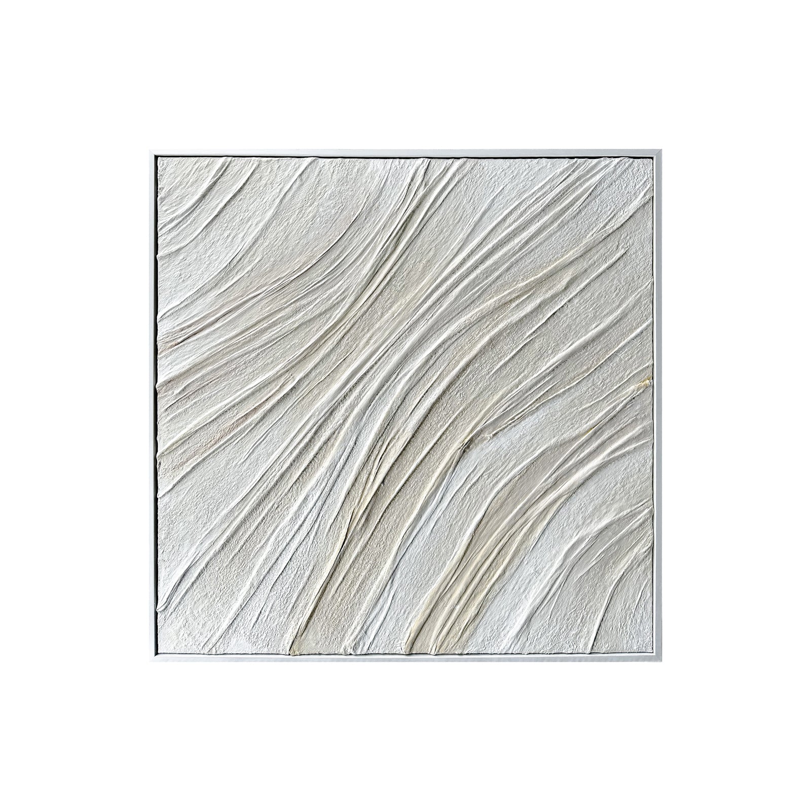 Anya Canvas Wall Art 105 x 105cm in White showcases textured wave-like arcs on a square relief panel, creating depth and elegance with its hand-finished, off-white surface and minimalist frame.