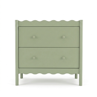 Sage green two-drawer dresser with wavy edges on a white background