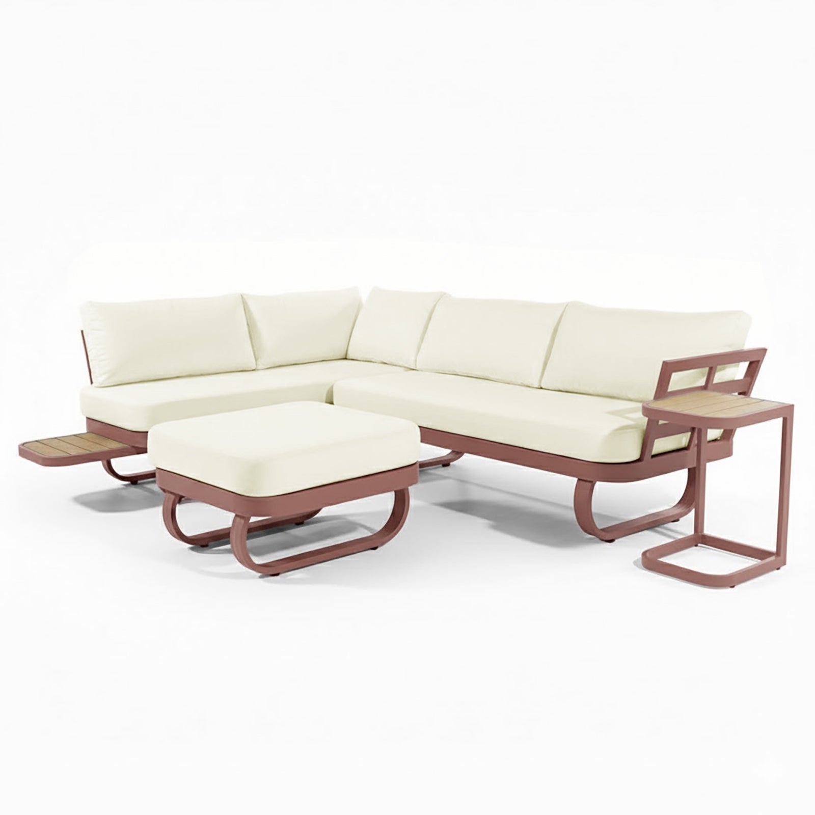 Paloma Modular Outdoor Lounge Set in Terracotta: Modern L-shaped sofa with off-white cushions, matching ottoman, and slender side table. Powder-coated metal frame, slatted wood surfaces for indoor/outdoor use.