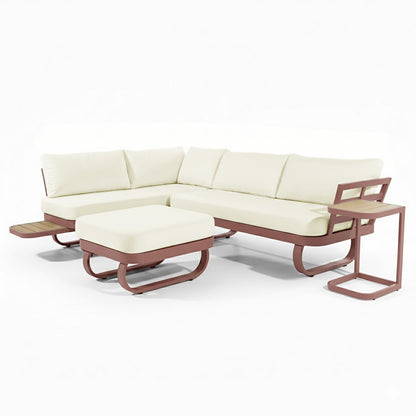 Paloma Modular Outdoor Lounge Set in Terracotta: Modern L-shaped sofa with off-white cushions, matching ottoman, and slender side table. Powder-coated metal frame, slatted wood surfaces for indoor/outdoor use.